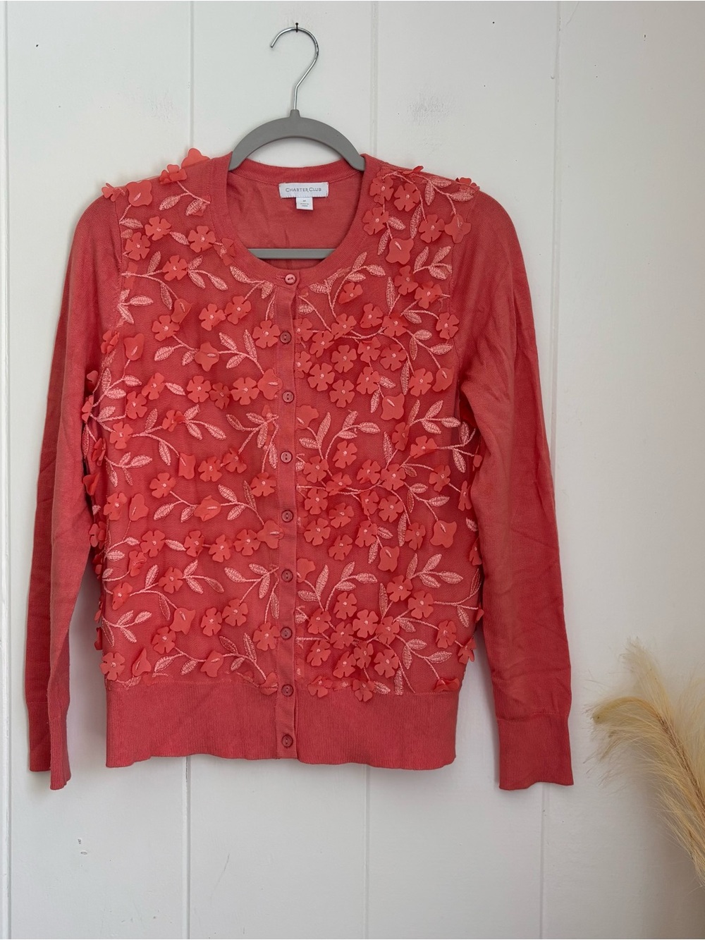 Charter Club Coral 3D Floral Applique Button-Front Cardigan